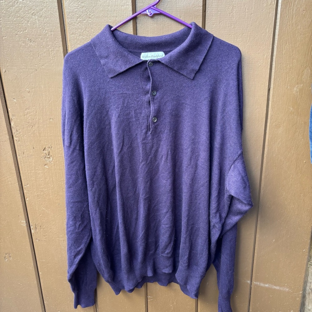 Wilkes Bashford Sweater Mens Large Cashmere Silk Knit Pullover Polo Purple